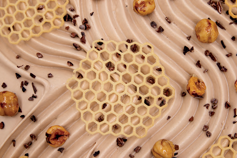 Helado de avellanas, miel de ulmo y nibs de cacao